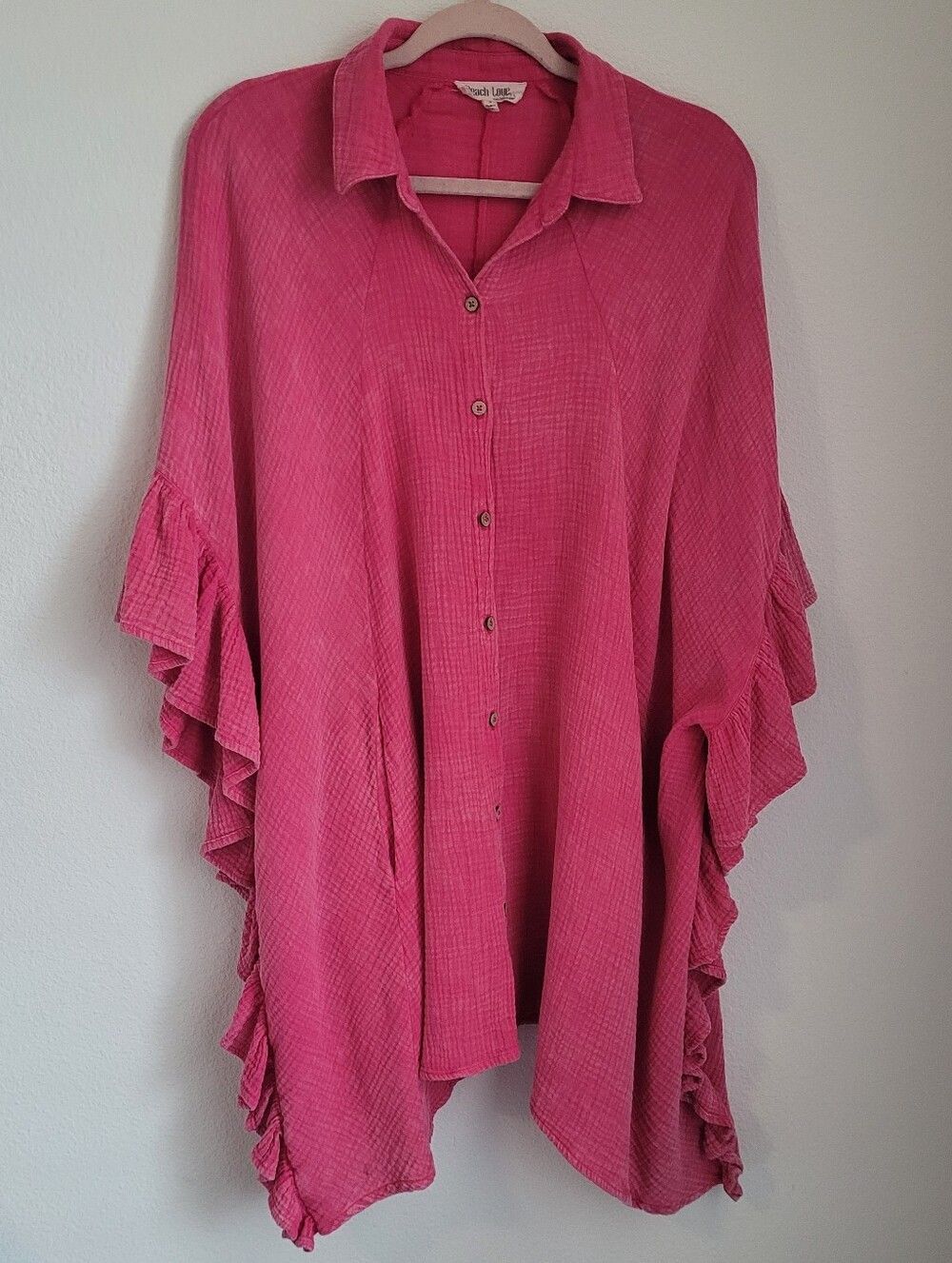 Peach Love California Hot Pink Double Gauze Cotton Ruffle Poncho Tunic Top Small